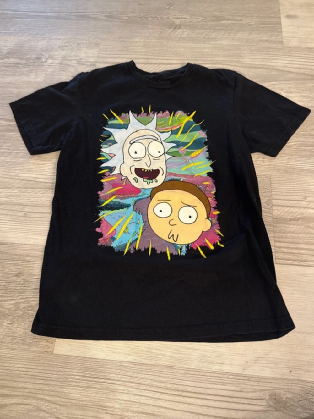 Size Small Rick and Morty Black Graphic Tee - Colorful Splash Design